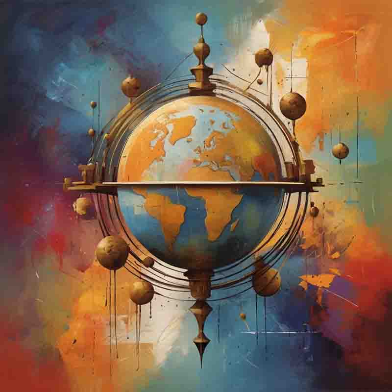 An abstract painting depicting a globe surrounded by various colorful objects, symbolizing diversity and interconnectedness.