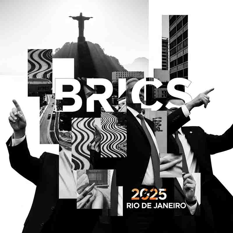 A black and white collage-style image promoting the BRICS 2025 summit in Rio de Janeiro. The central and largest element is the word BRICS in a bold, sans-serif font, overlapping various smaller photos.