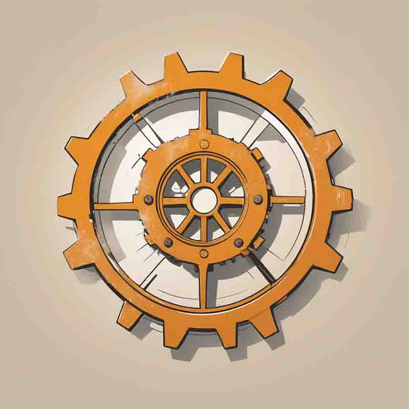 An orange and white gear wheel positioned against a textured brown background, showcasing its intricate design.