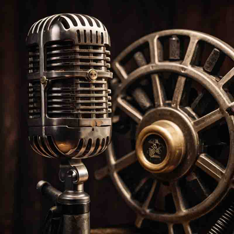 An antique microphone and a spinning wheel are displayed together, representing the intersection of sound and traditional artistry.