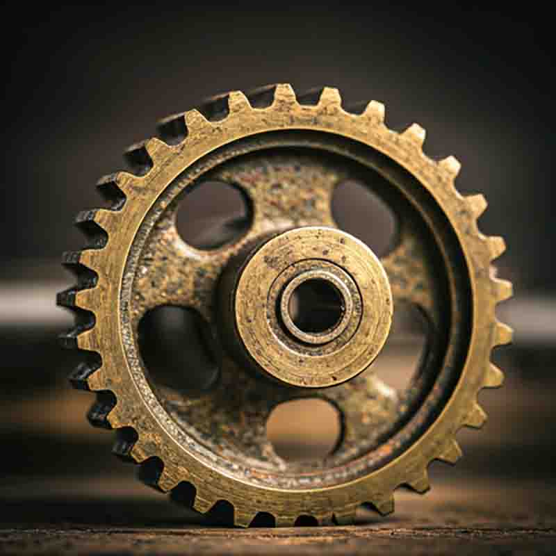 A close-up of a metal gear wheel resting on a textured wooden surface, highlighting the contrast between the materials and highlighting the power and energy of the BRICS