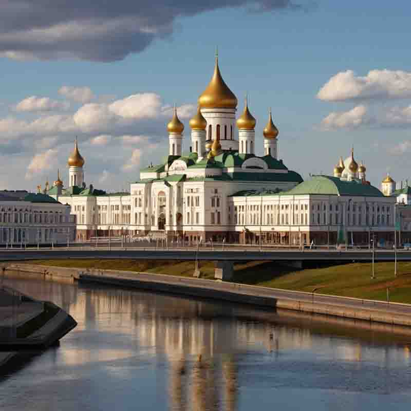 The Kremlin in Kazan, Russia, showcasing its iconic towers and historic architecture against a clear blue sky.