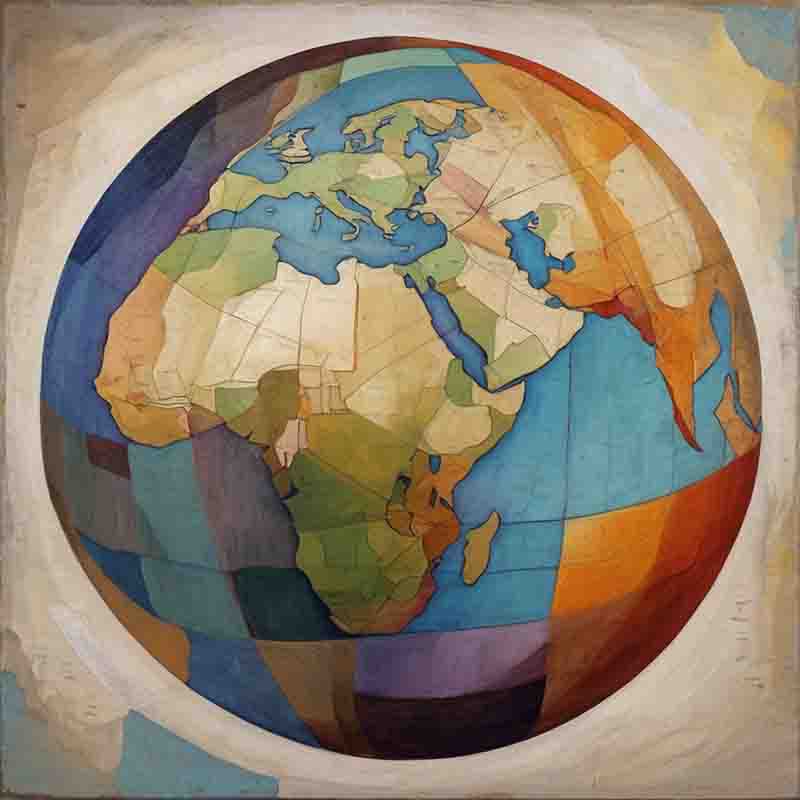 An artistic representation of a globe featuring an array of colorful squares, illustrating the concept of global unity.